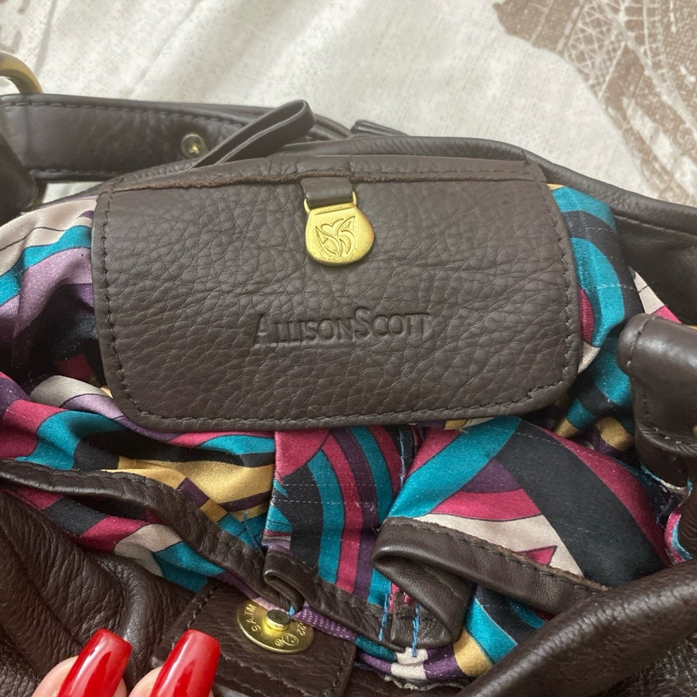 Allison Scott Brown Leather Handbag with Multicolor Scarf